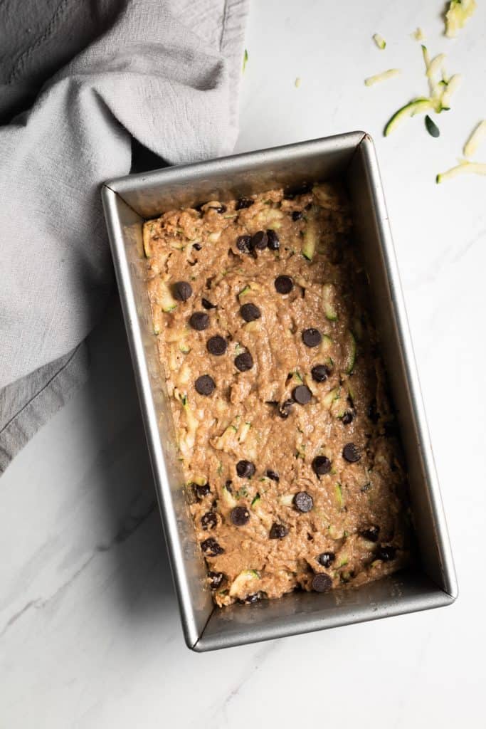 chocolate chip zucchini bread unbaked in a pan