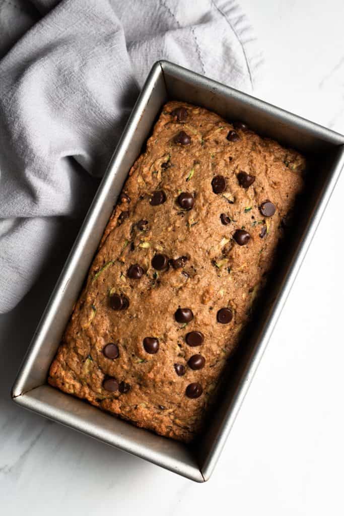 chocolate chip zucchini bread baked in a pan