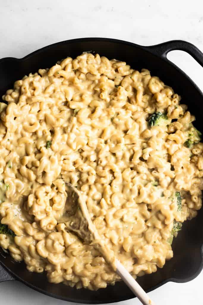 mac and cheese in a cast-iron skillet