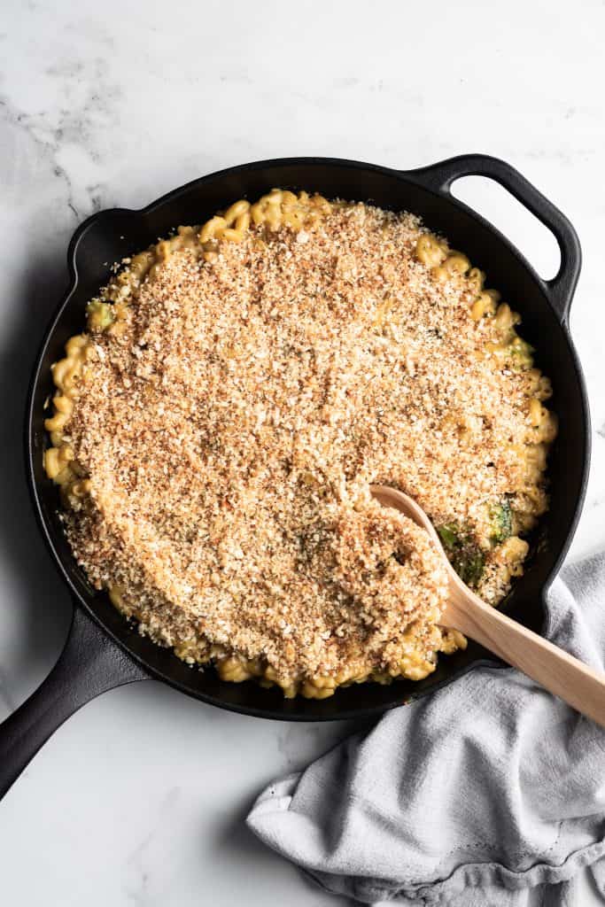 vegan mac and cheese in a cast-iron skillet
