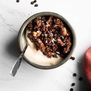 chocolate coconut granola in a bowl from the top