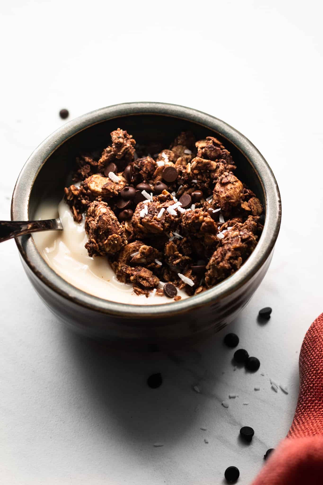 bowl of chocolate coconut granola and yogurt from the side