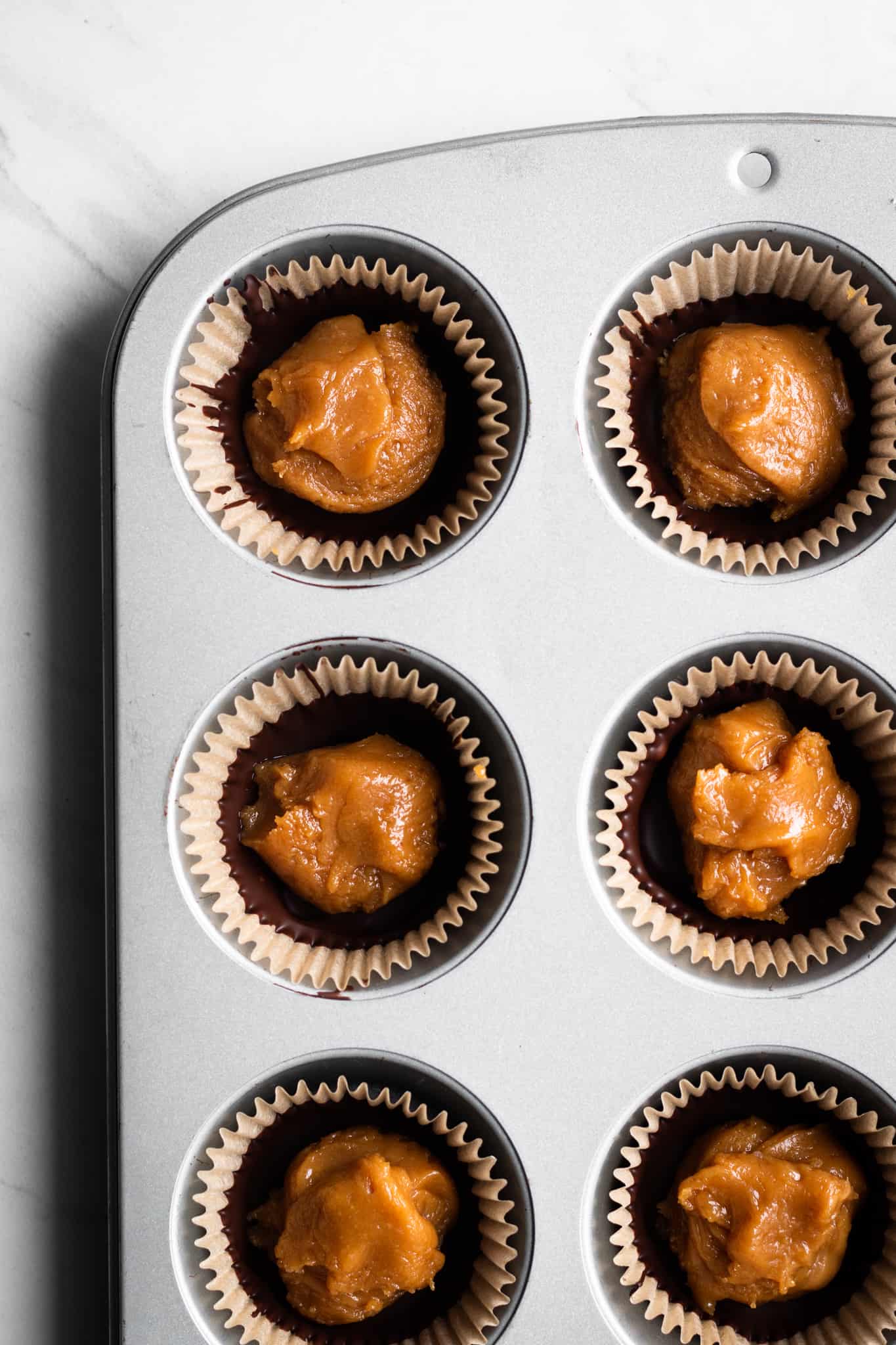 caramel in chocolate cups from the top