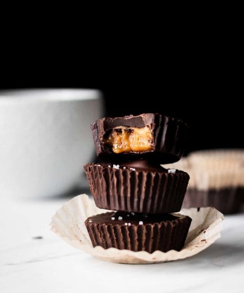 peanut butter cups in a stack from the side