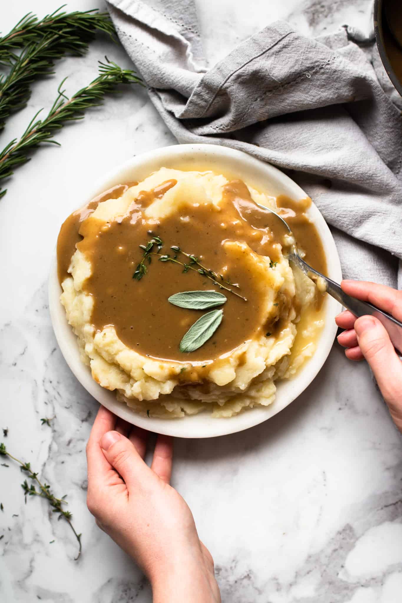 Instant Pot mashed potatoes on a plate with gravy