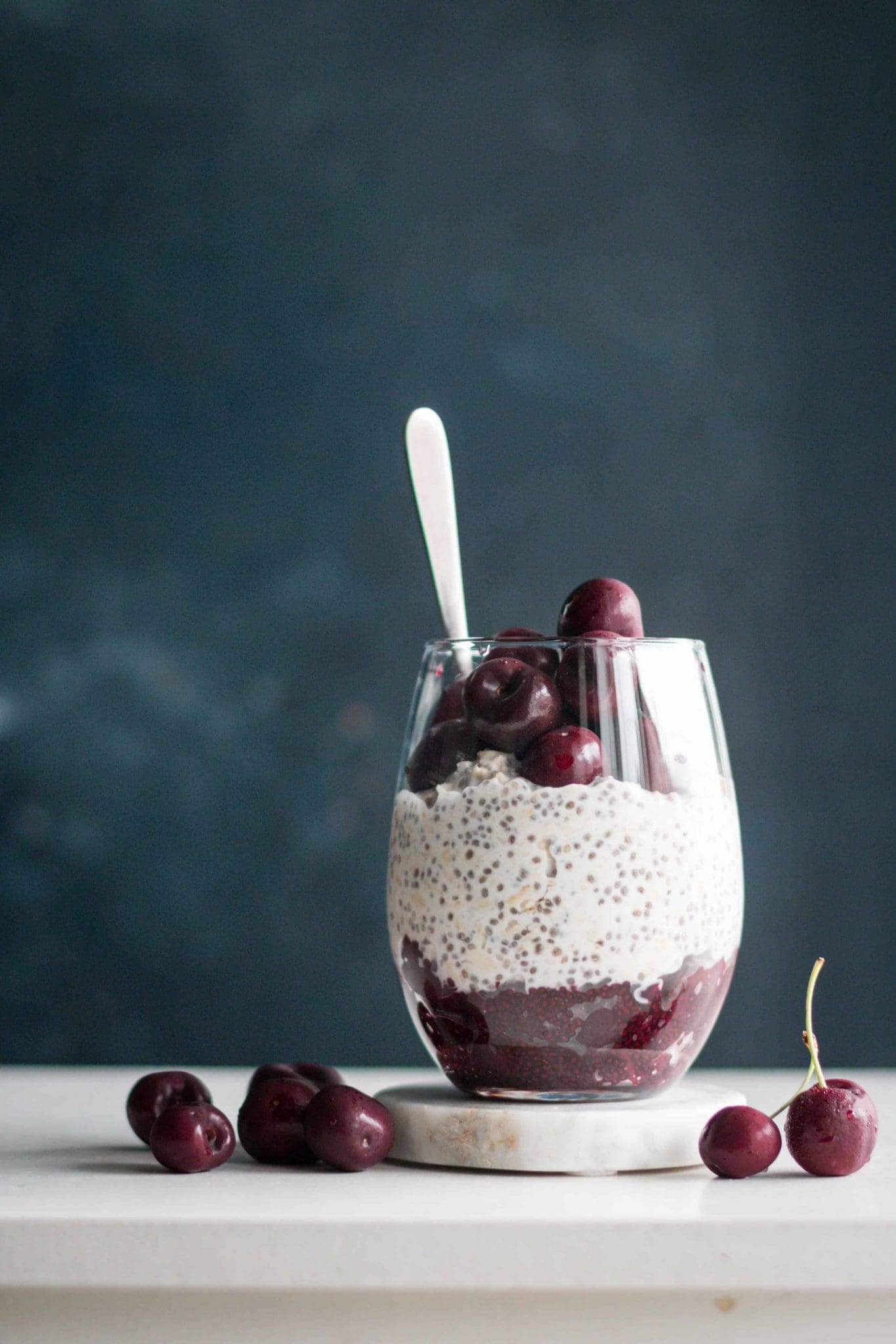Cherry coconut overnight oats in a glass