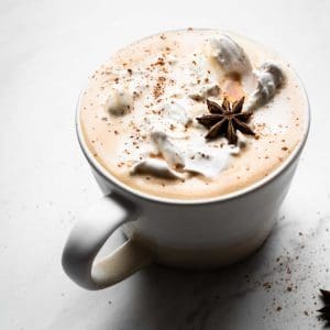 vegan eggnog latte in a mug