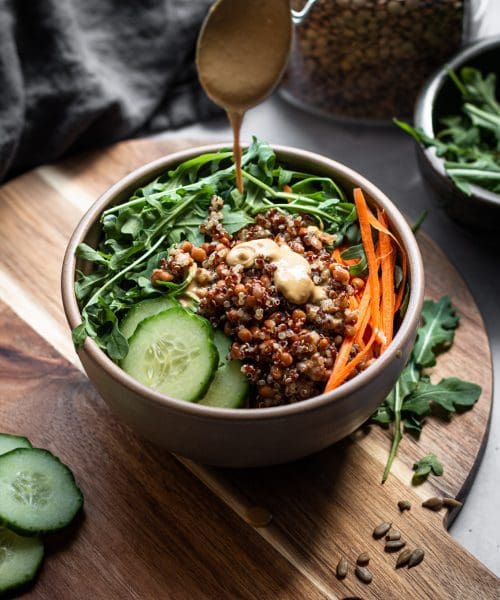 lentil quinoa salad in a bowl