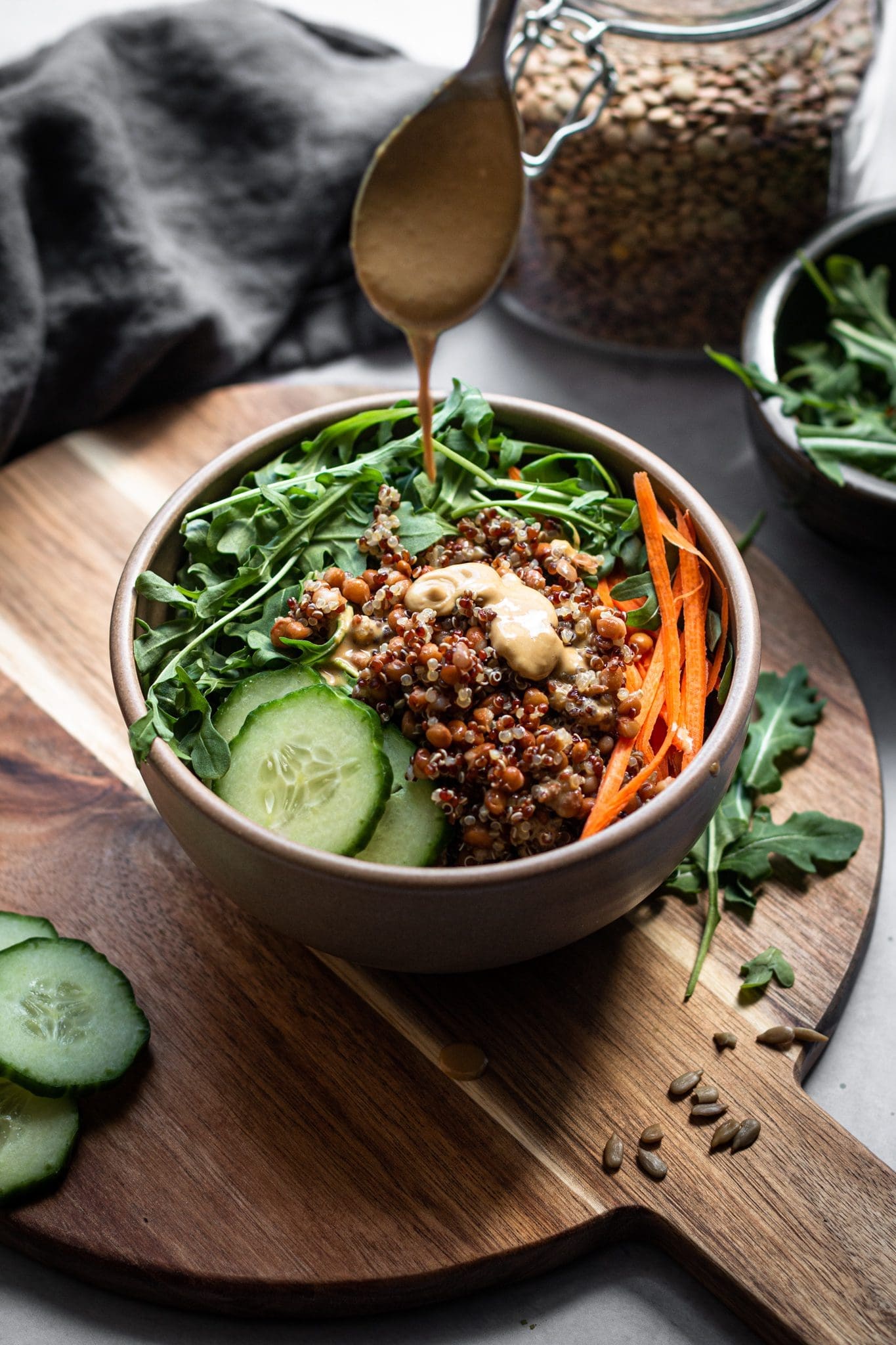 lentil quinoa salad in a bowl