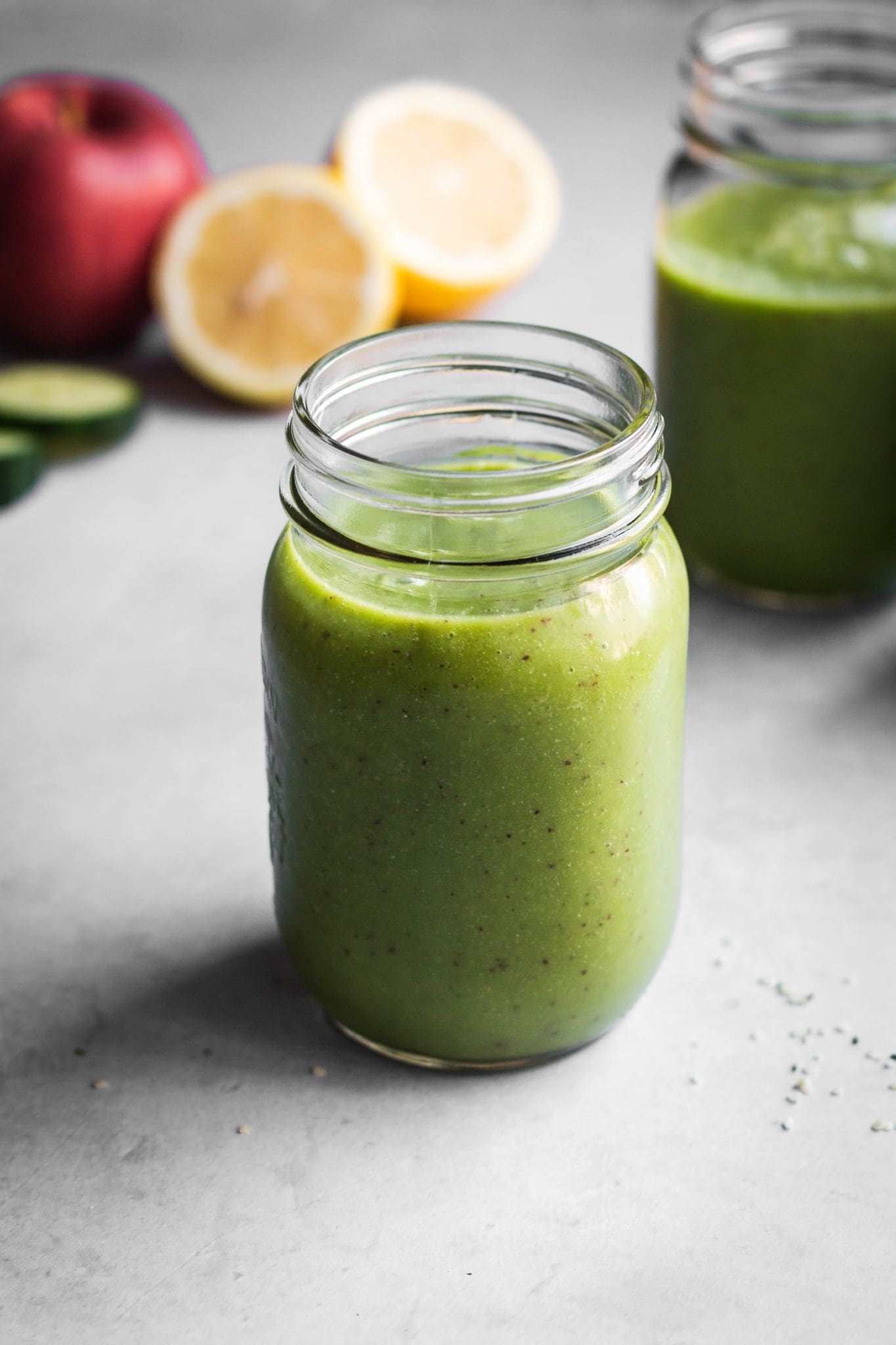 large batch green smoothie in a jar