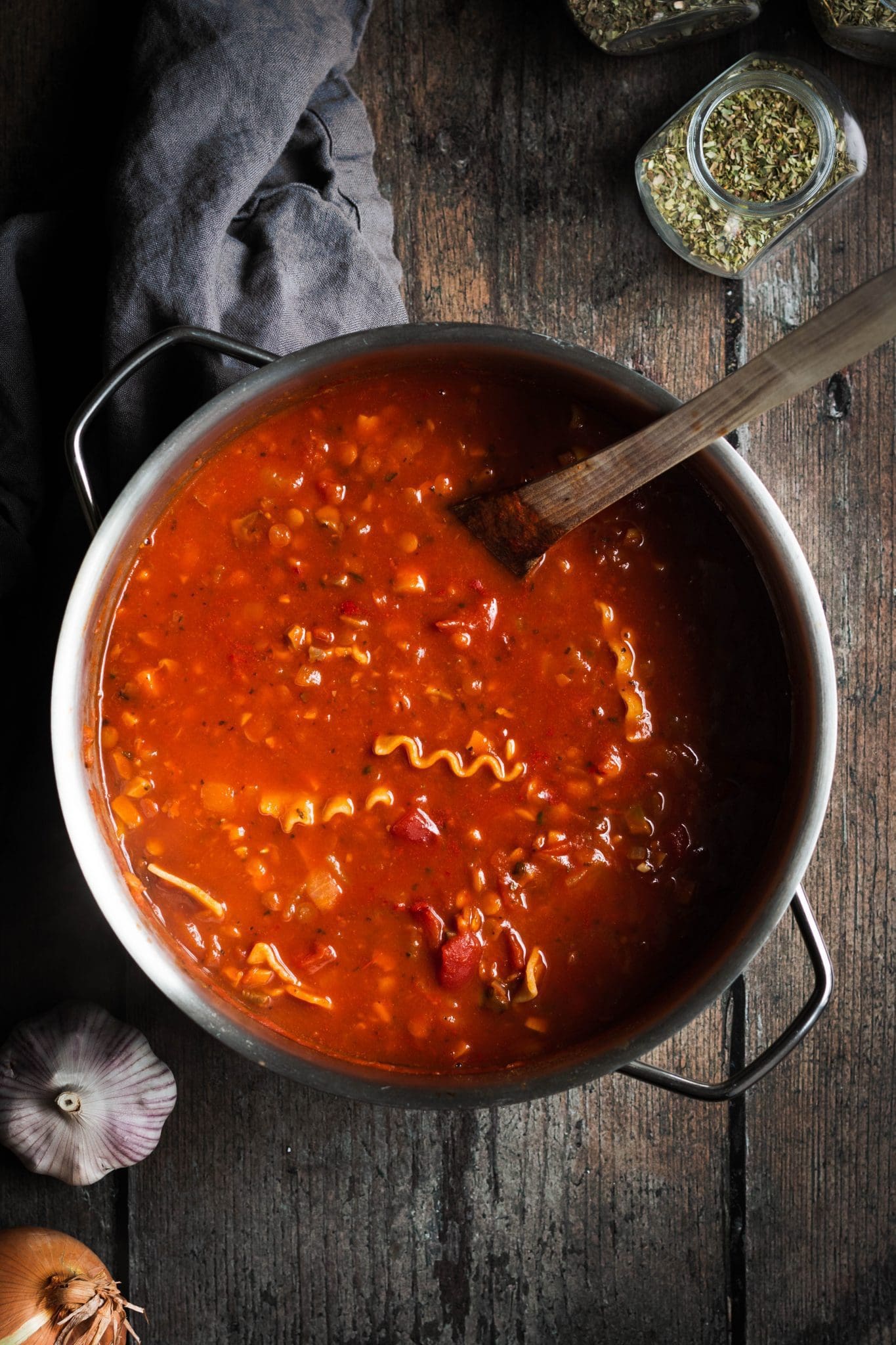 lentil lasagna soup in a pot