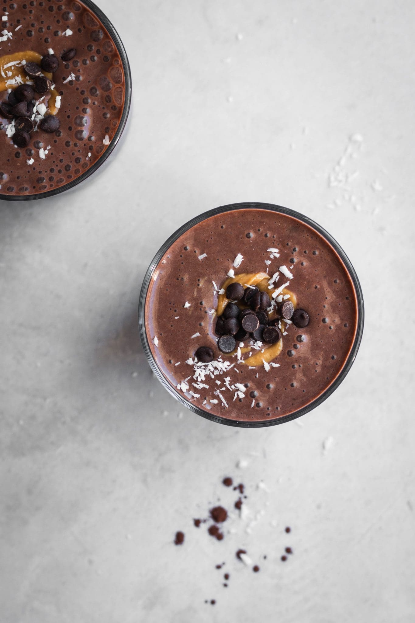chocolate peanut butter smoothie in a glass