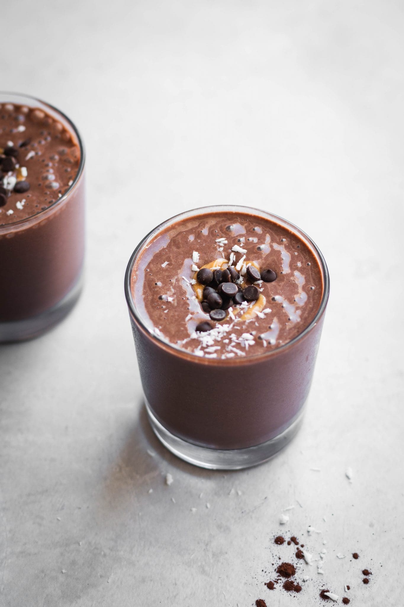 chocolate peanut butter smoothie in a glass