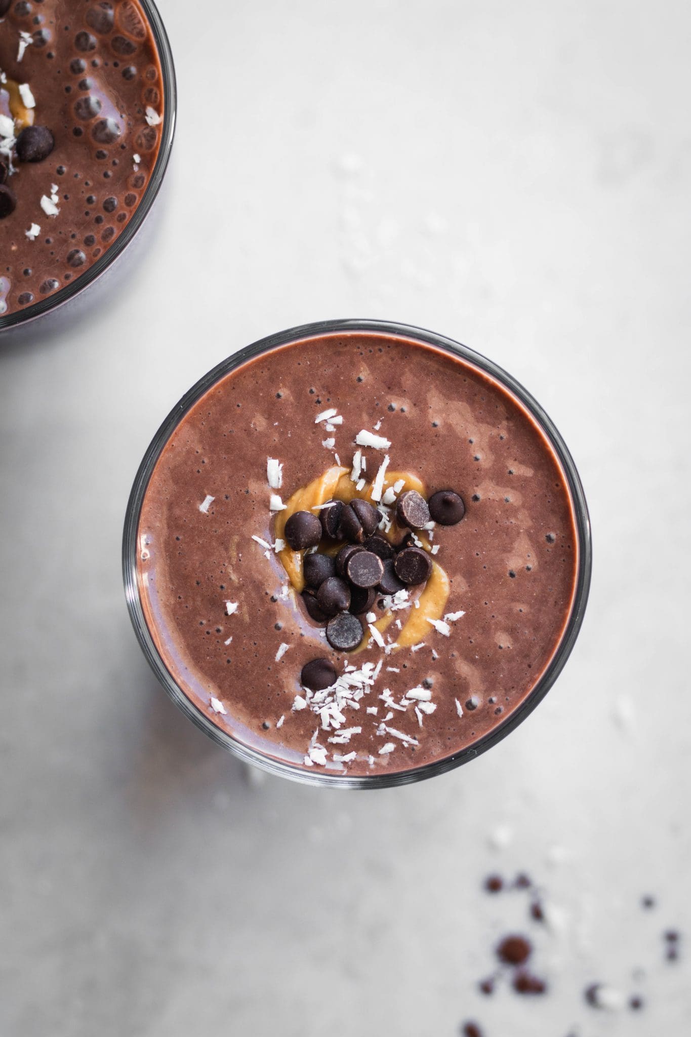 Vegan chocolate peanut butter smoothie in a glass