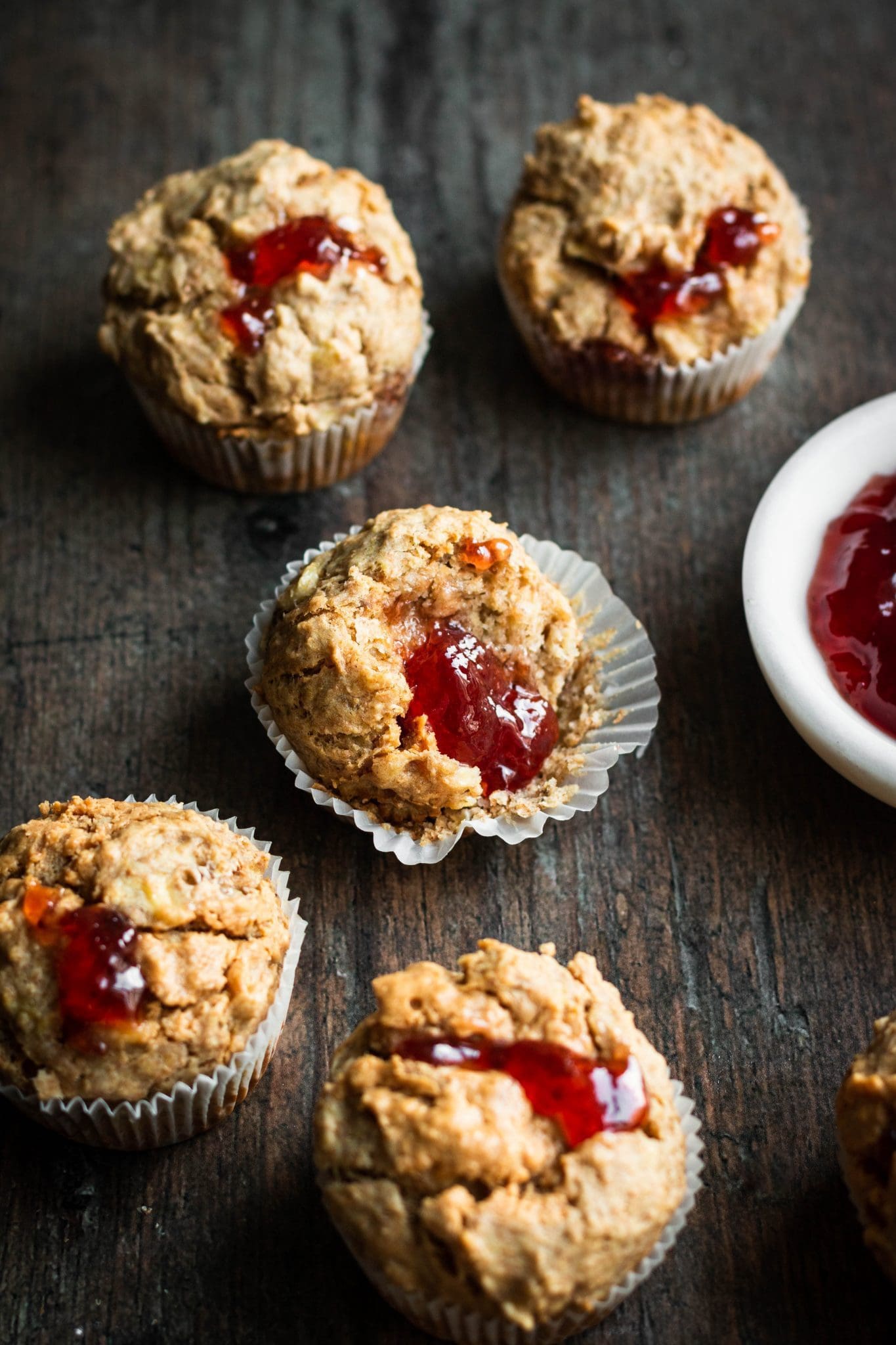 peanut butter and jelly muffins with bite taken