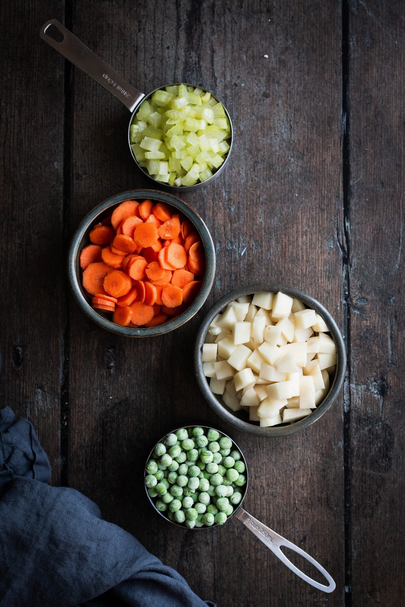 peas, carrots, celery and potatoes