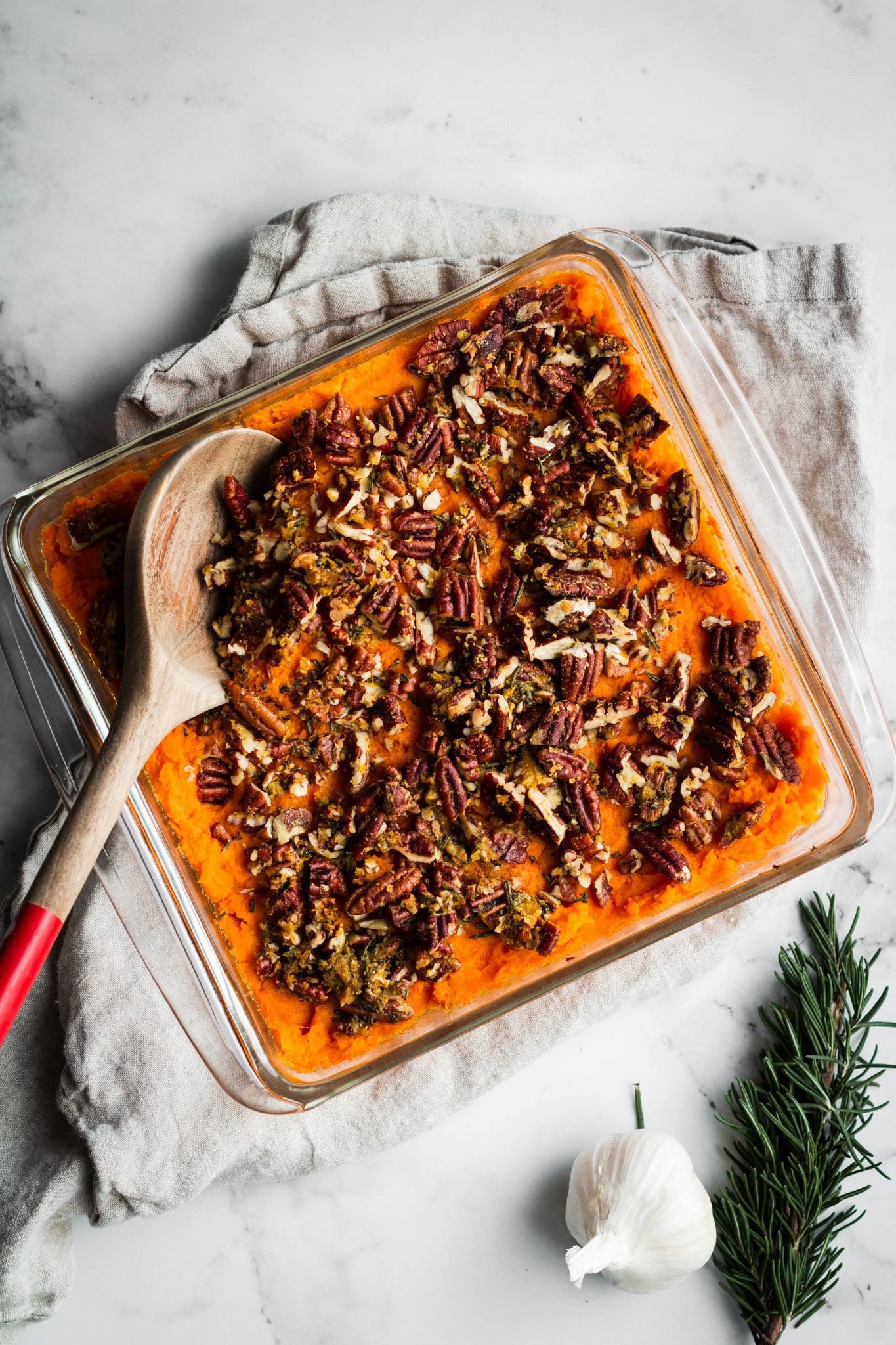savory sweet potato casserole with pecans from the top
