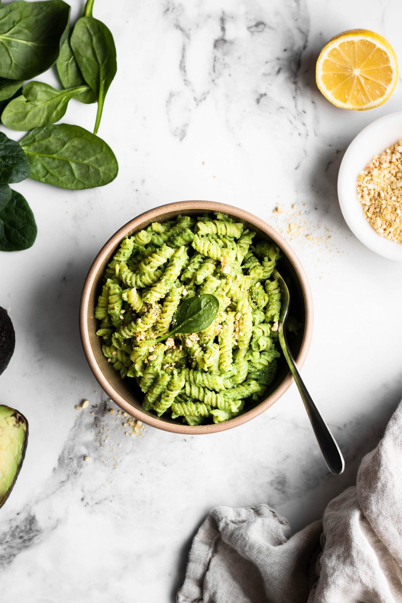 avocado tofu pasta in a bowl - quick vegan meal ideas