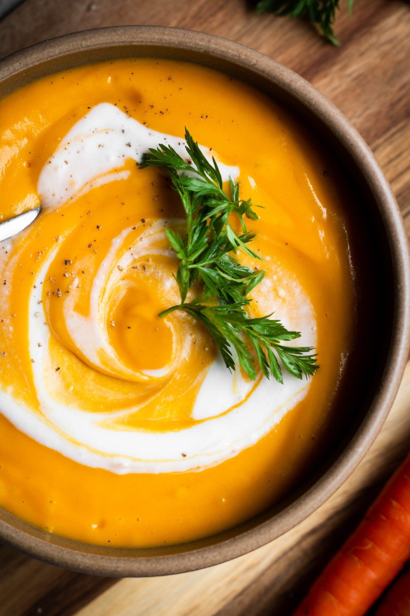 creamy carrot lentil soup closeup