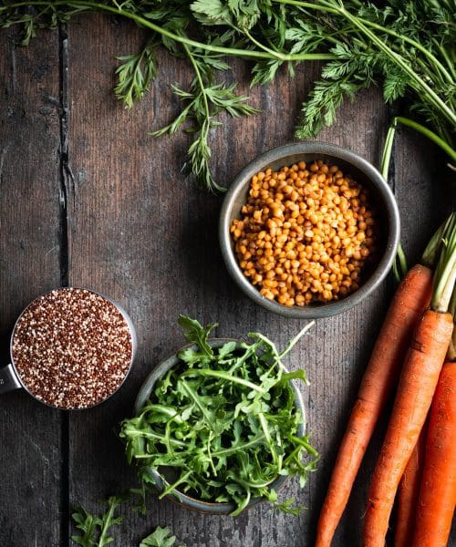 arugula, carrots, lentils and quinoa