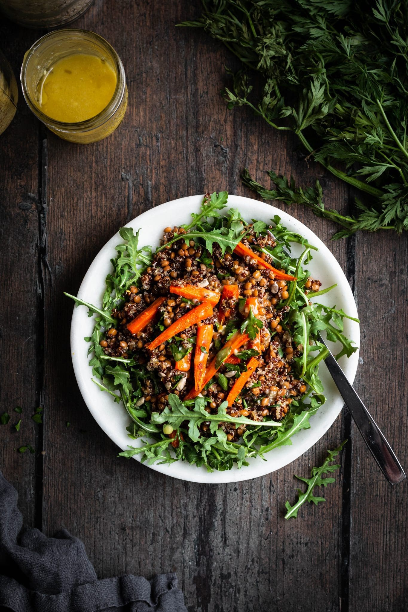 roasted carrot, lentil and quinoa salad on a plate