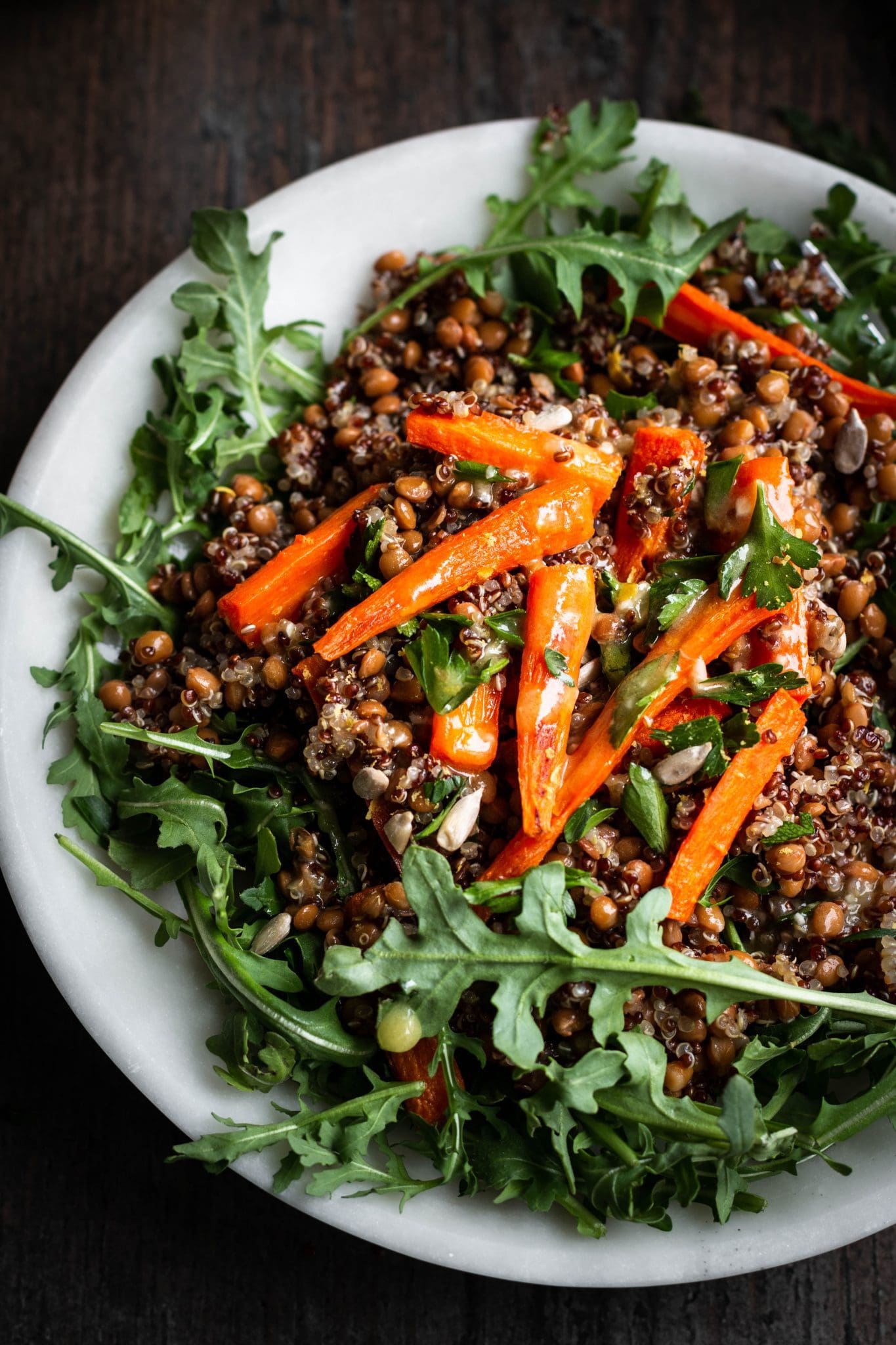 roasted carrot, lentil and quinoa salad closeup