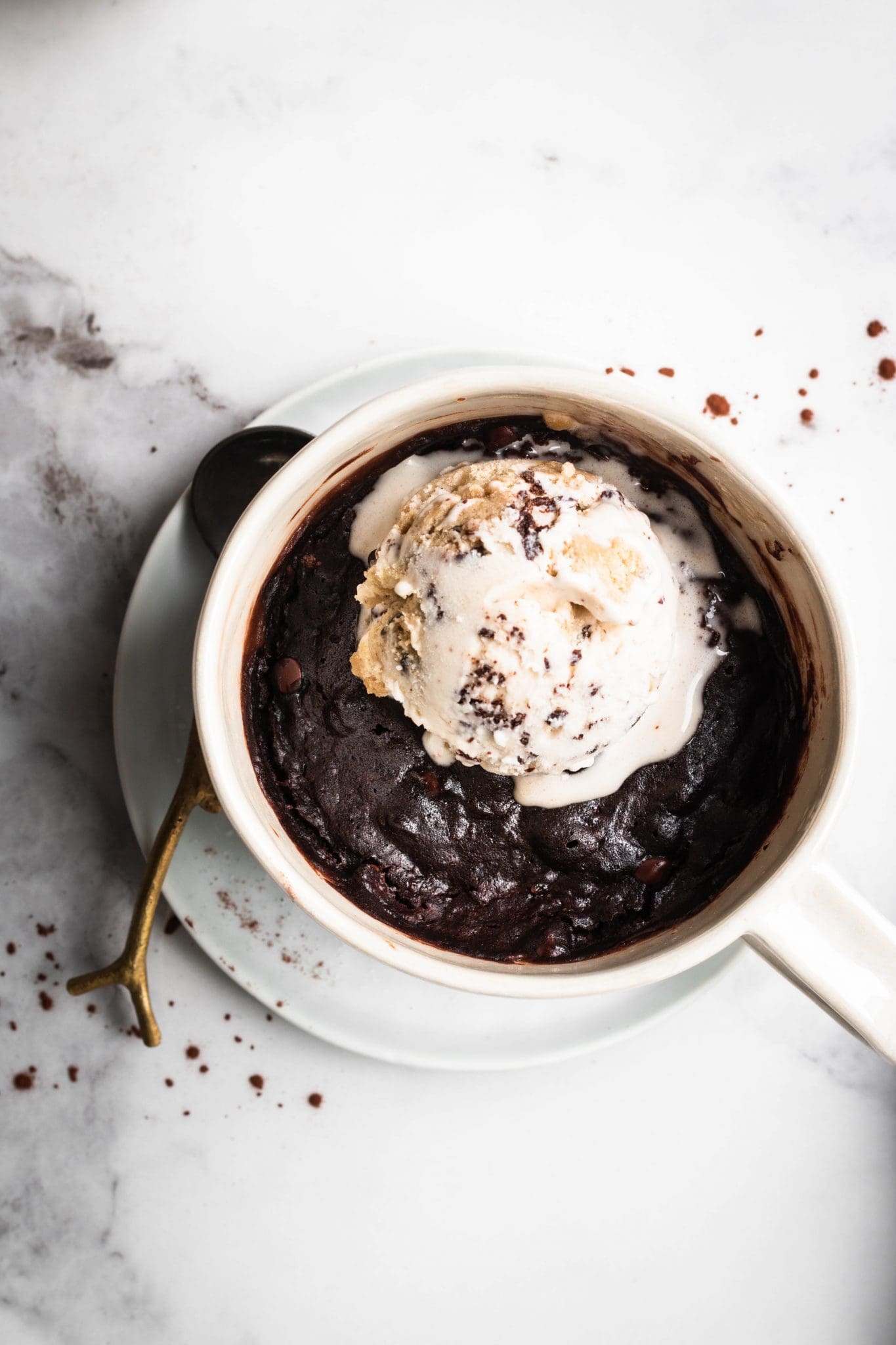 Vegan Fudgy Mug Brownie from the top with ice cream