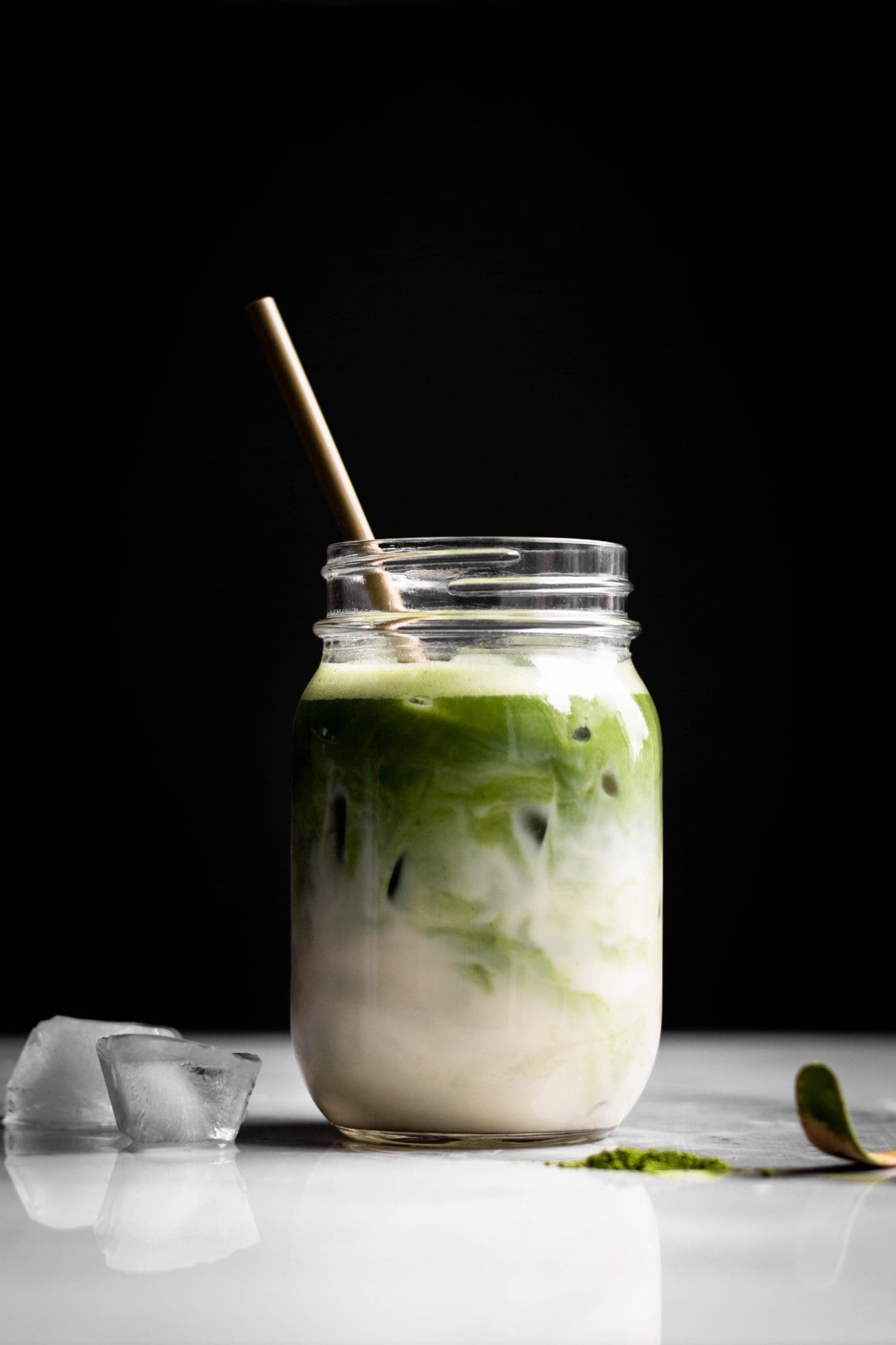 iced matcha latte in a mason jar