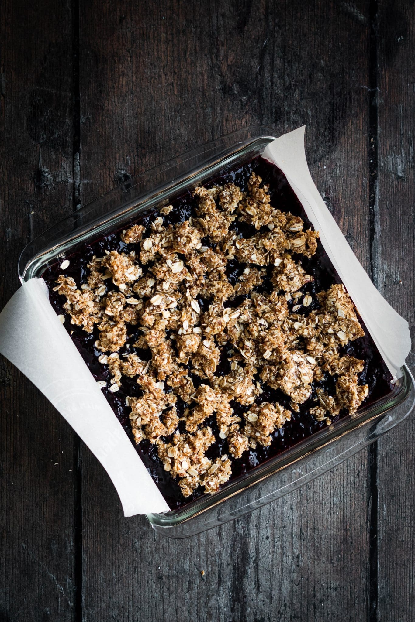 Cherry chia jam crumble bars in a dish from the top