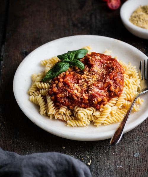 lentil tomato pasta on a plate
