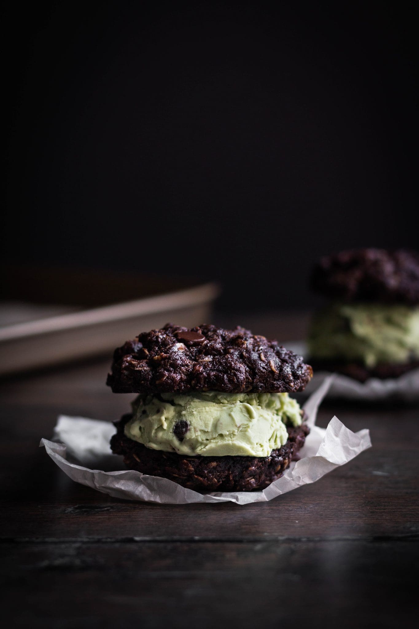 mint chocolate ice cream sandwiches seen from the side