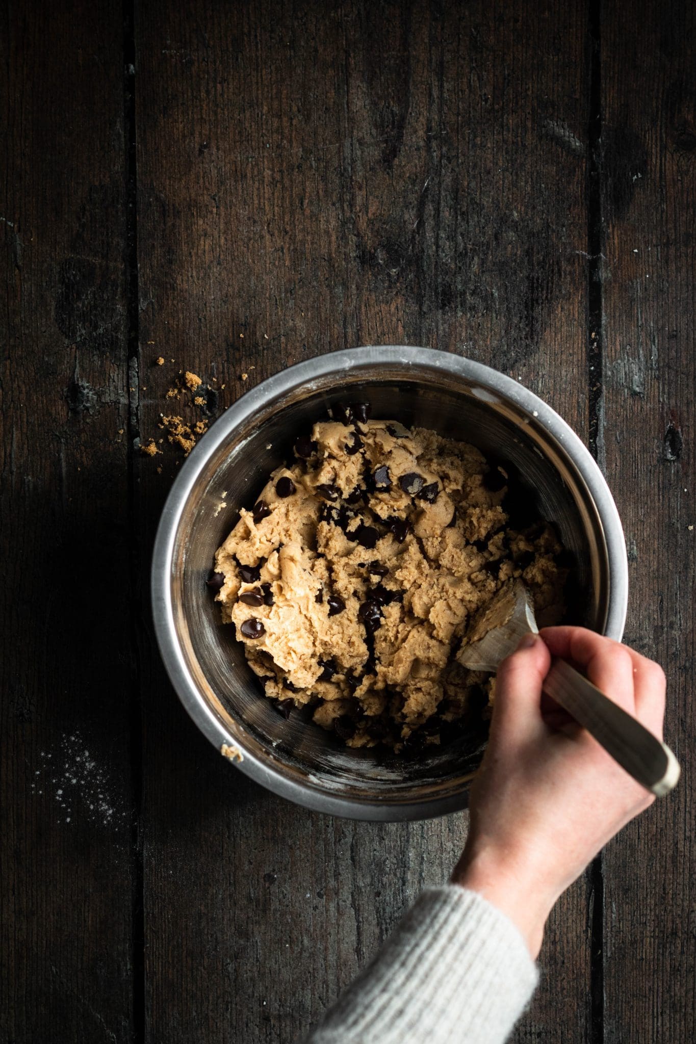 chocolate chip cookie mixture in a bowl