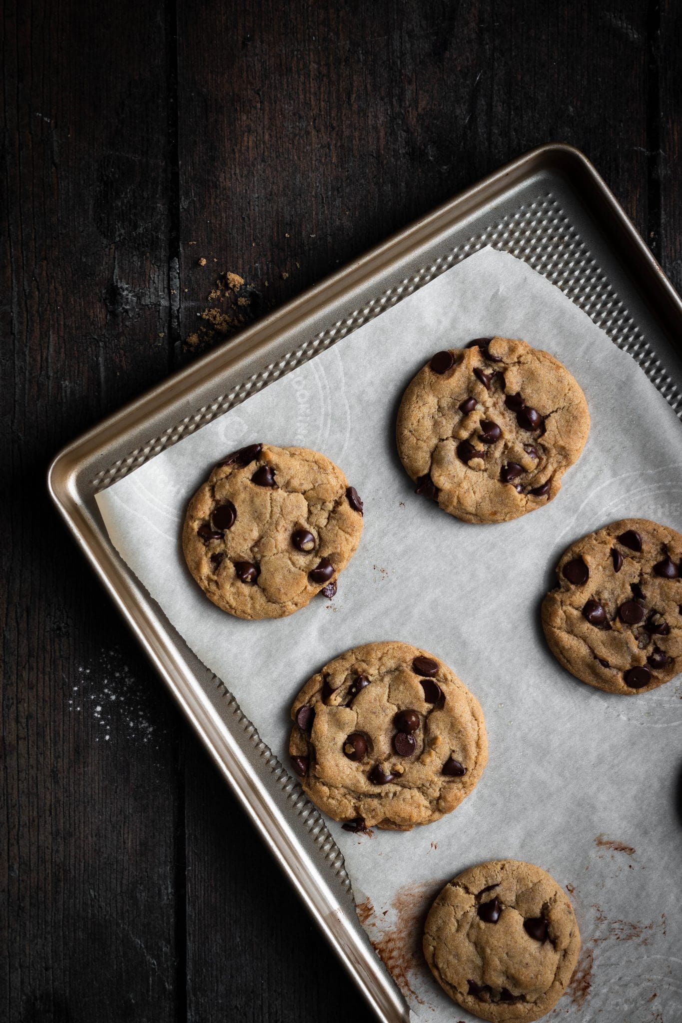 vegan chocolate chip cookies on a baking sheet