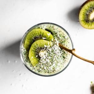 matcha chia pudding with kiwi slices seen from the top