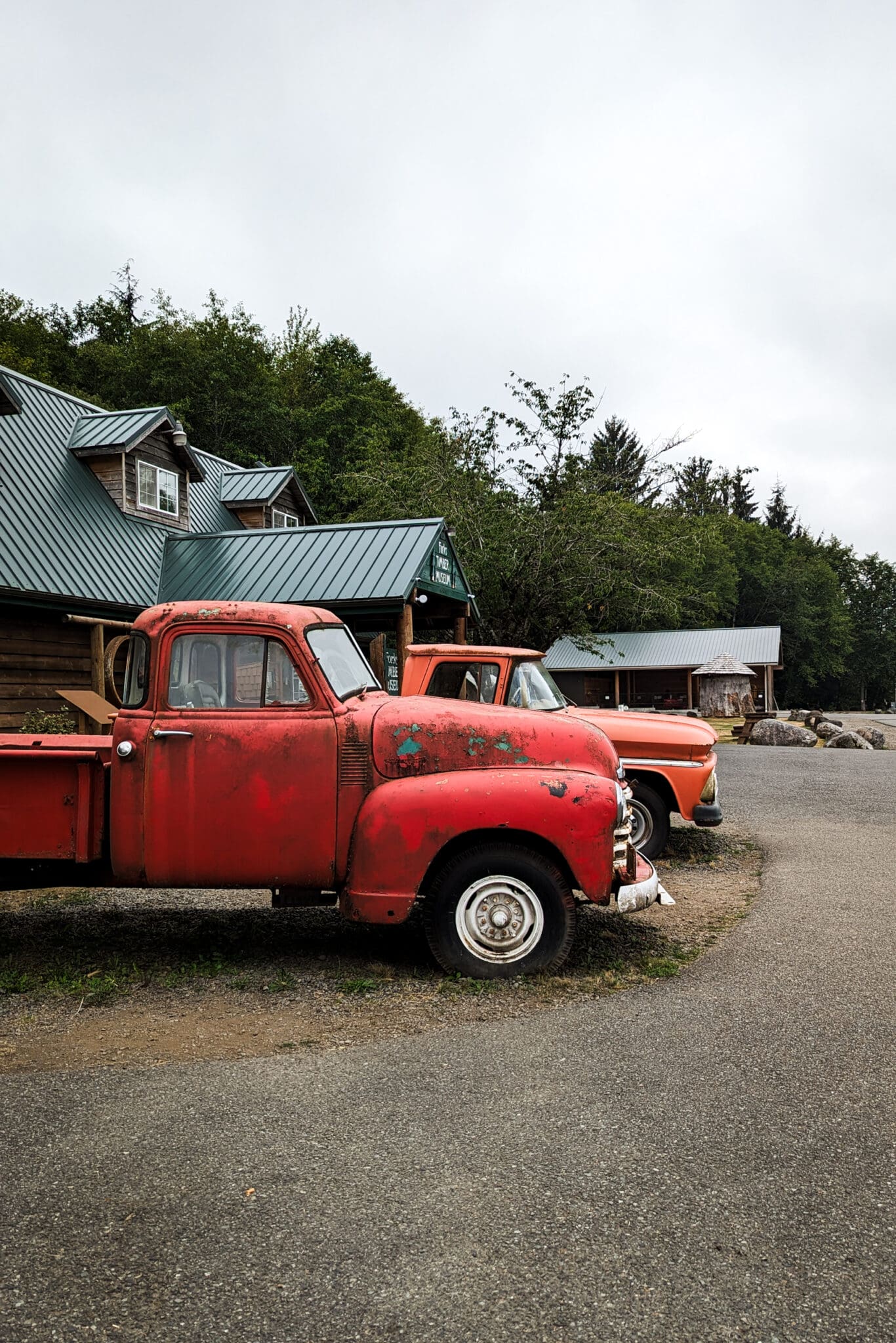 red trucks in front of a building