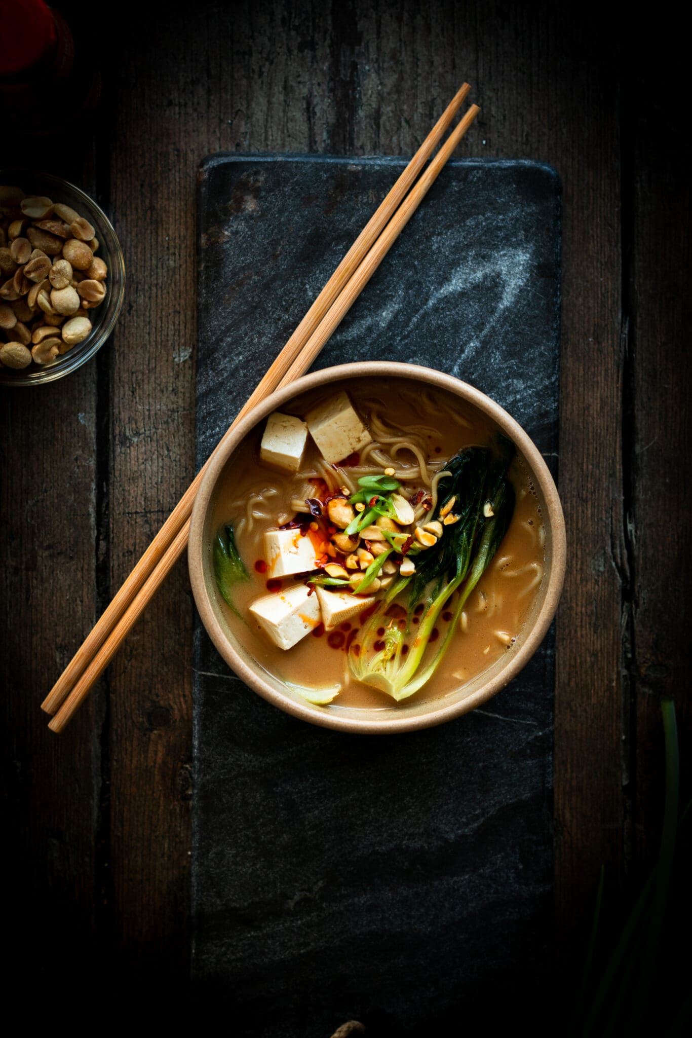 vegan ramen with tofu and Bok choy in a bowl
