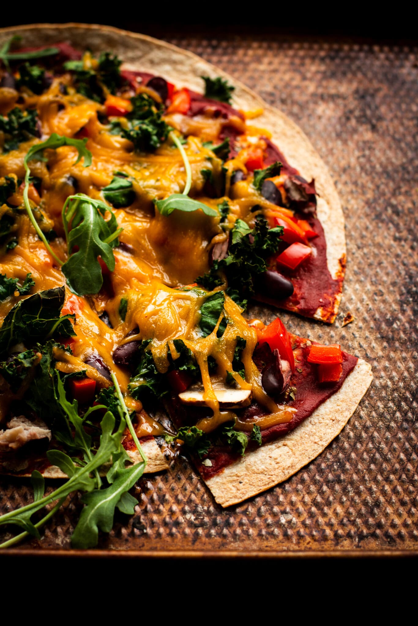 Sliced tortilla pizza closeup