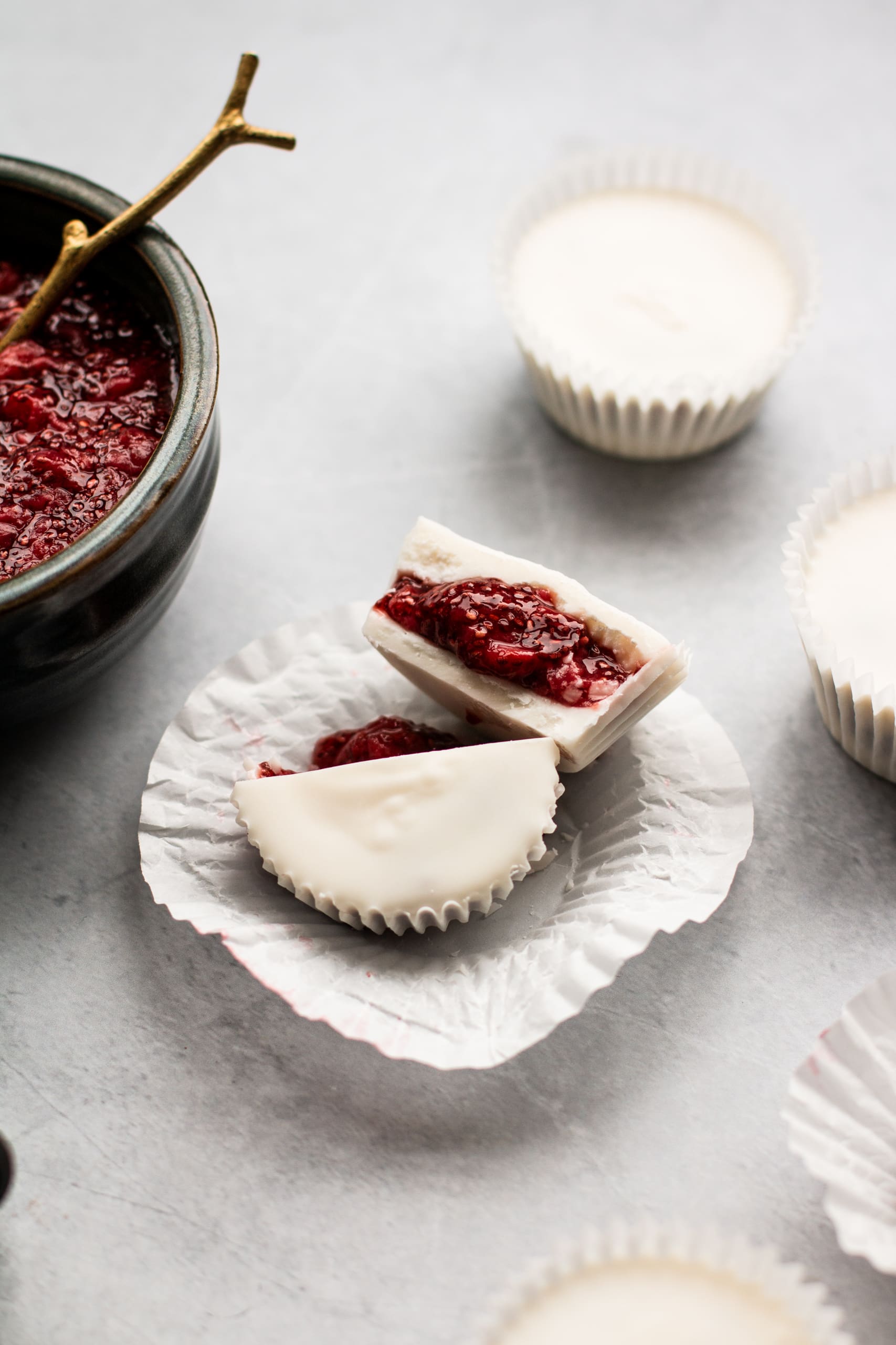 White Chocolate Cups With Strawberry Chia Jam