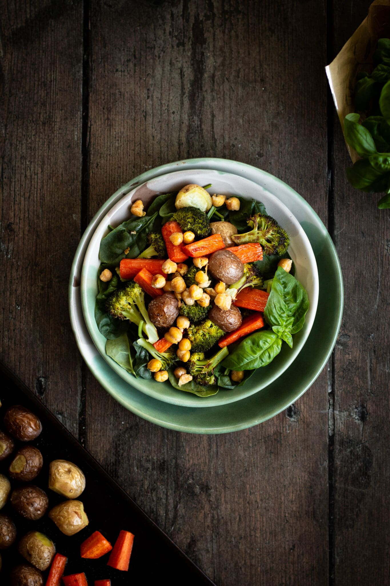 roasted vegetables in a bowl seen from the top