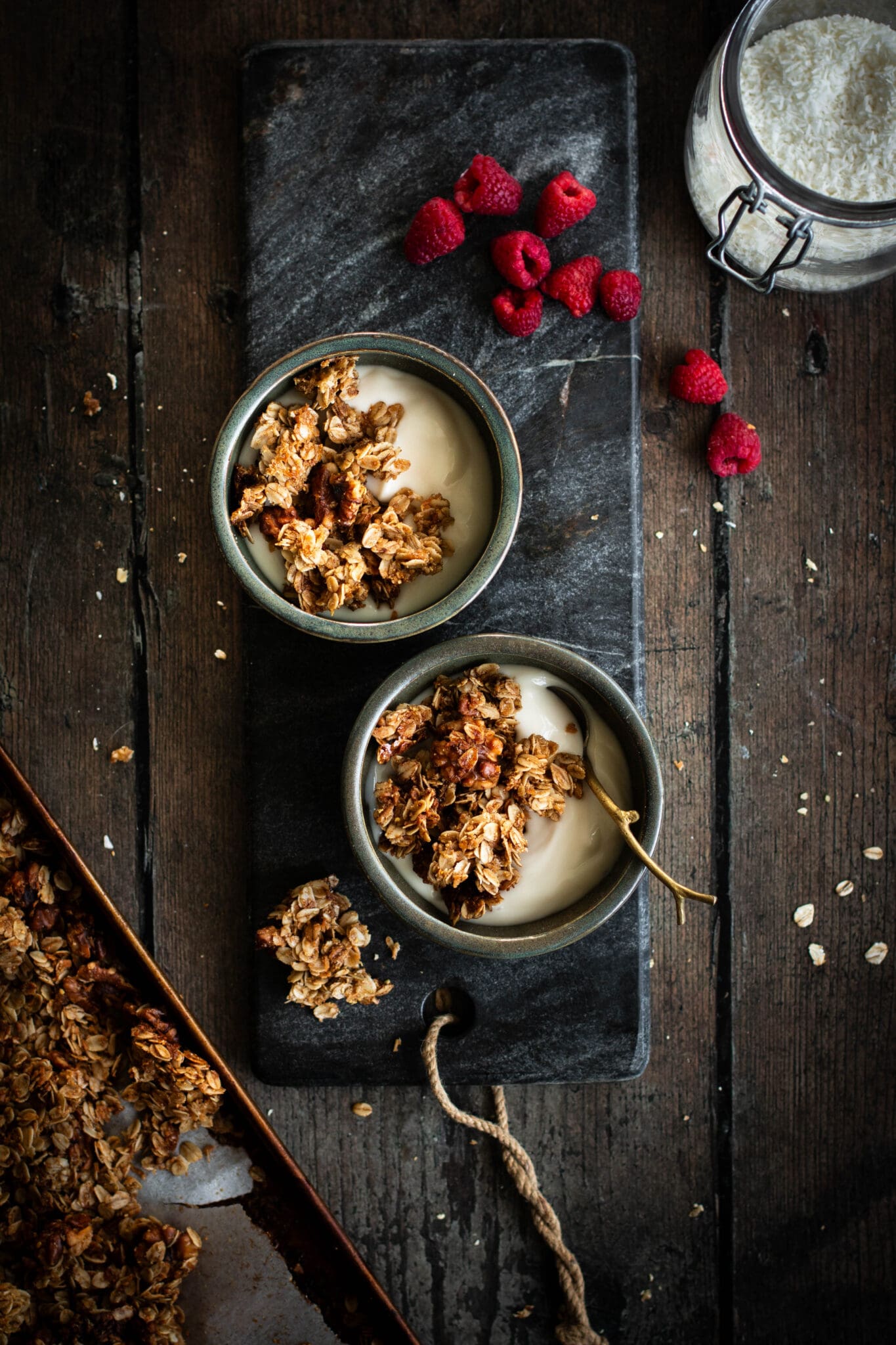 maple walnut granola in bowls seen from the top