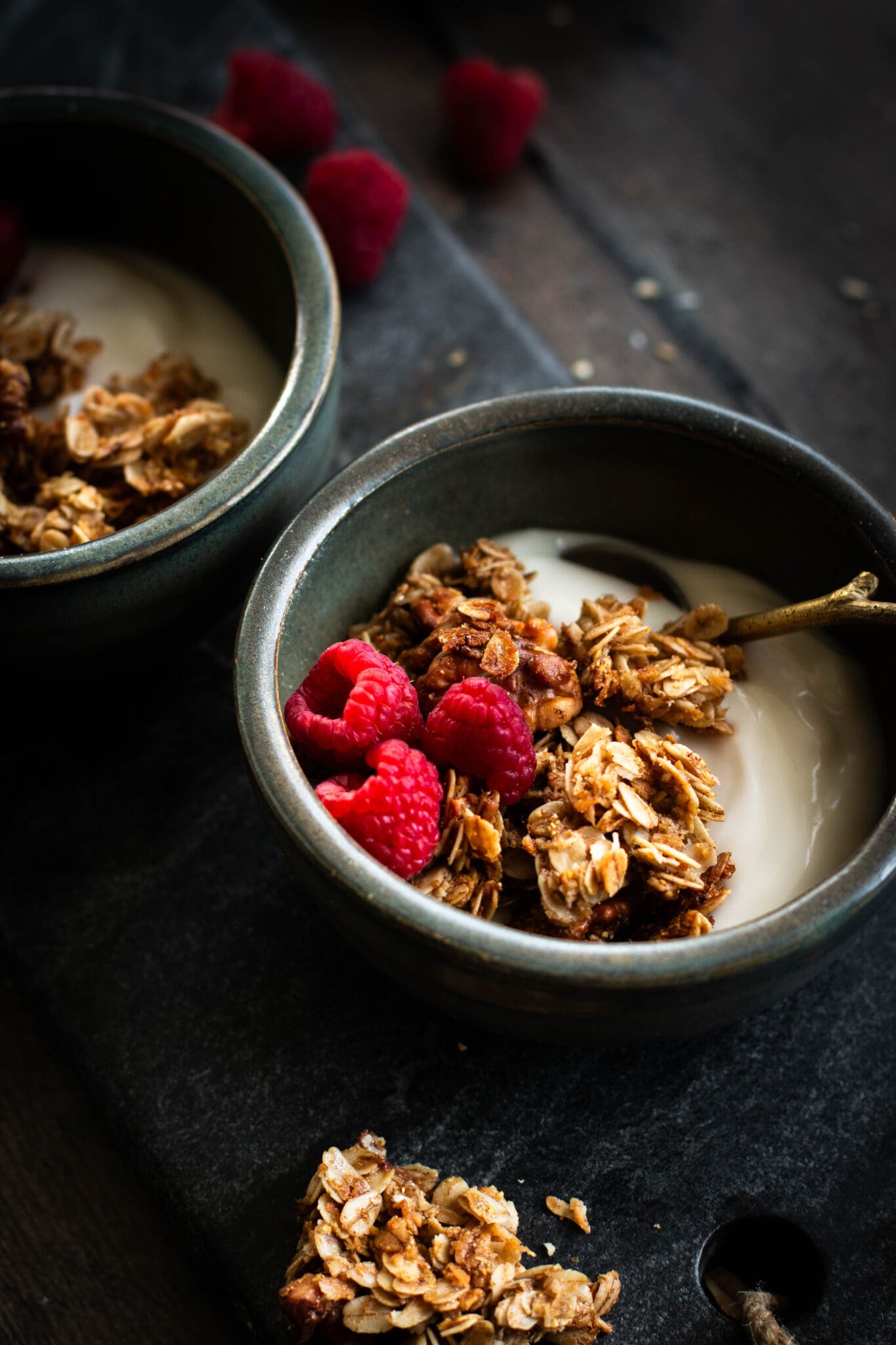 maple walnut granola in bowls seen from the side