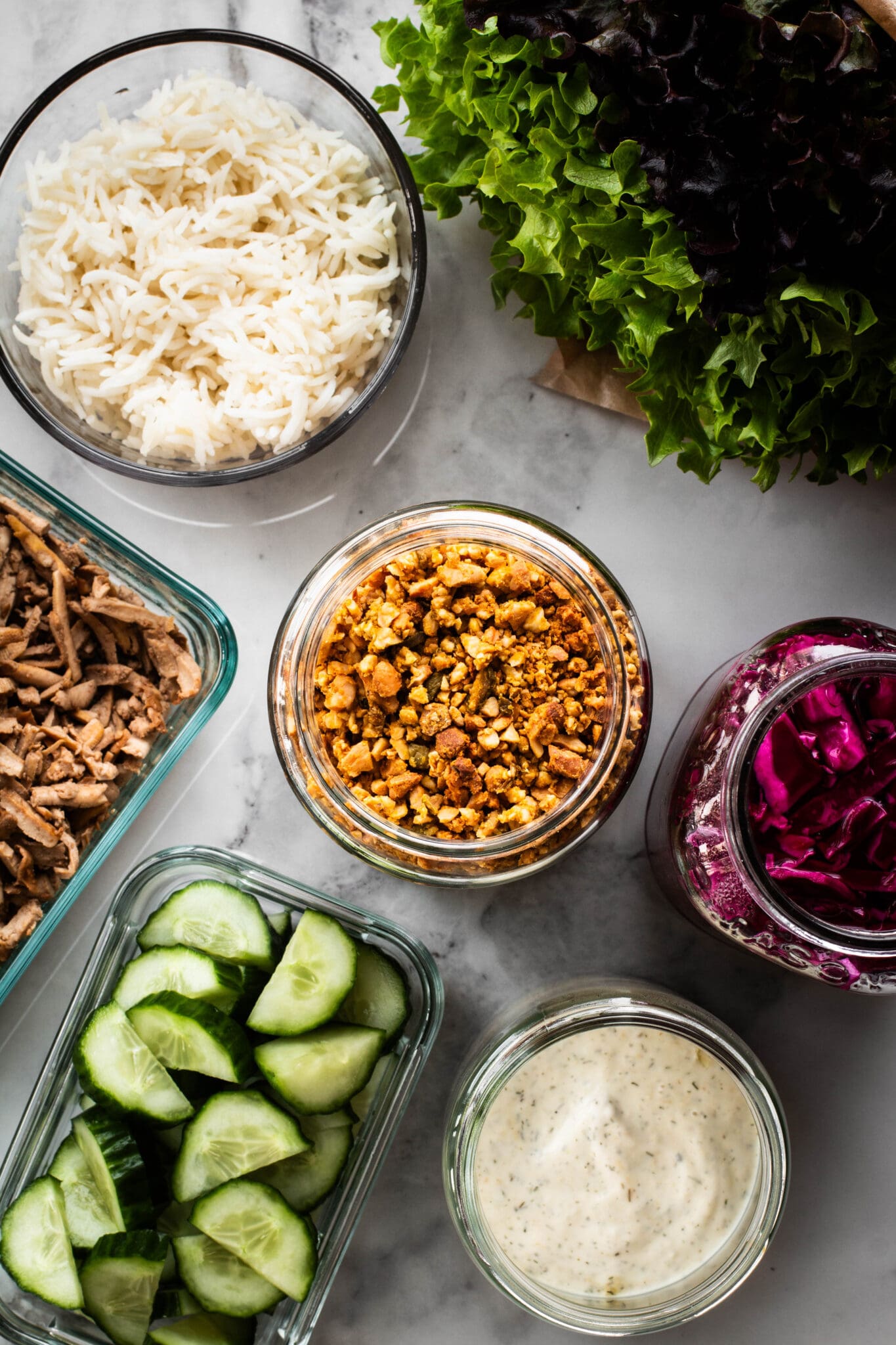Salad ingredients seen from the top.