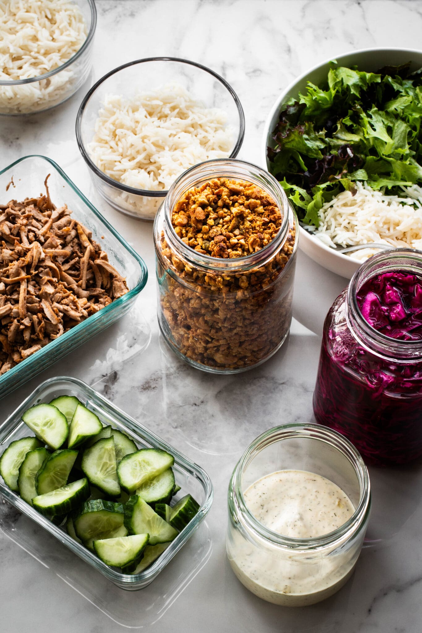 Salad ingredients seen from the side.