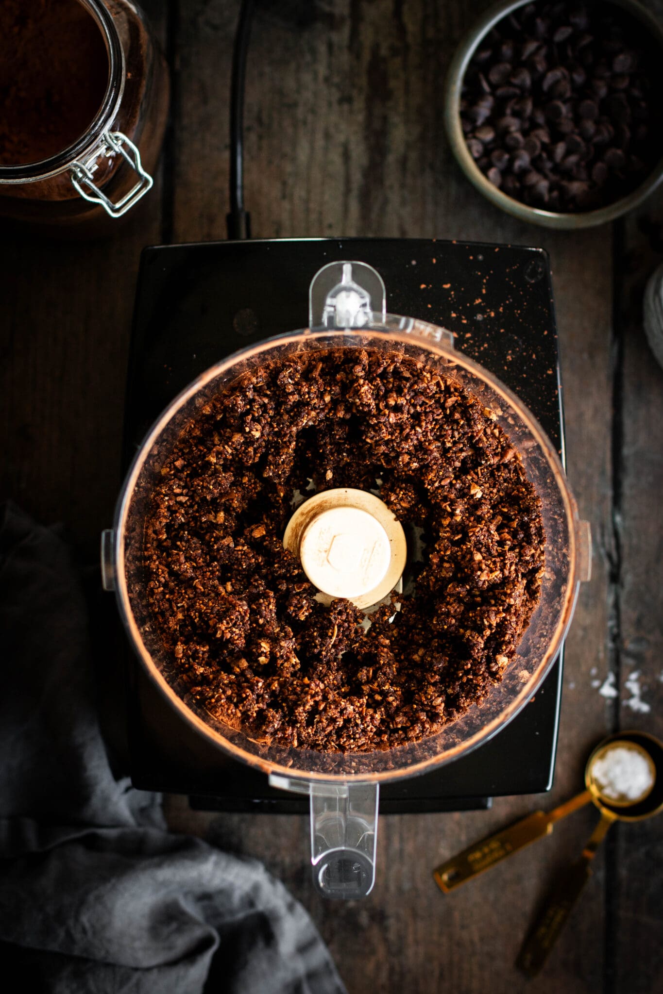 Salted dark chocolate fig truffles mixture in a food processor