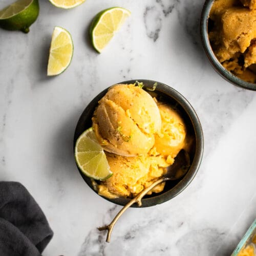 mango banana ice cream in a bowl seen from the top