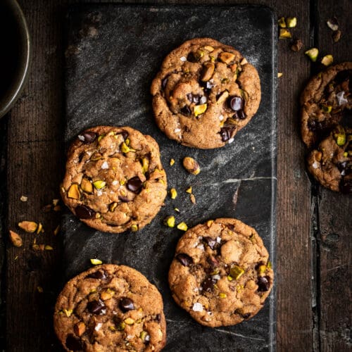salted pistachio chocolate chip cookies seen from the top