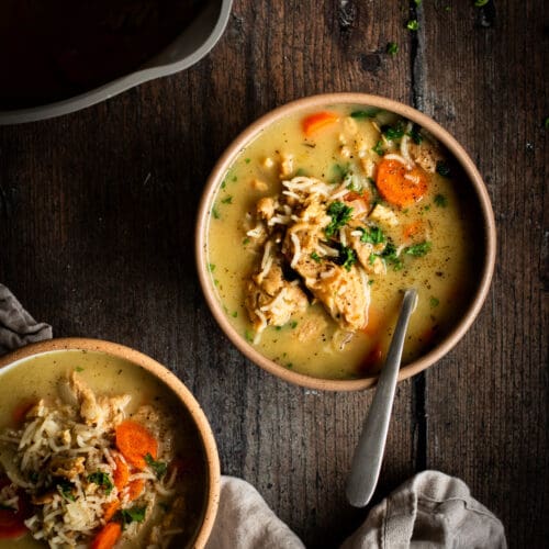 Vegan Chicken and Rice Soup With Soy Curls in bowls seen from the top