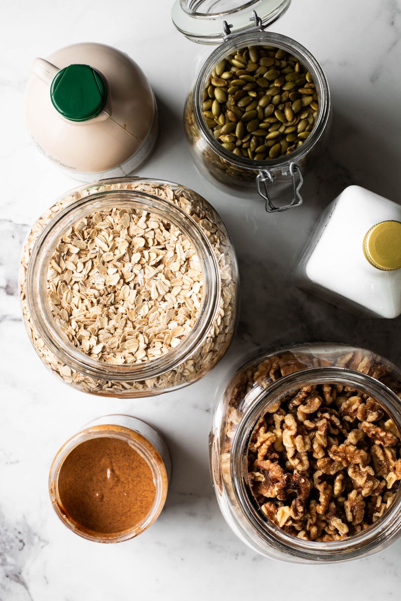 Weekly meal prep granola ingredients seen from the top
