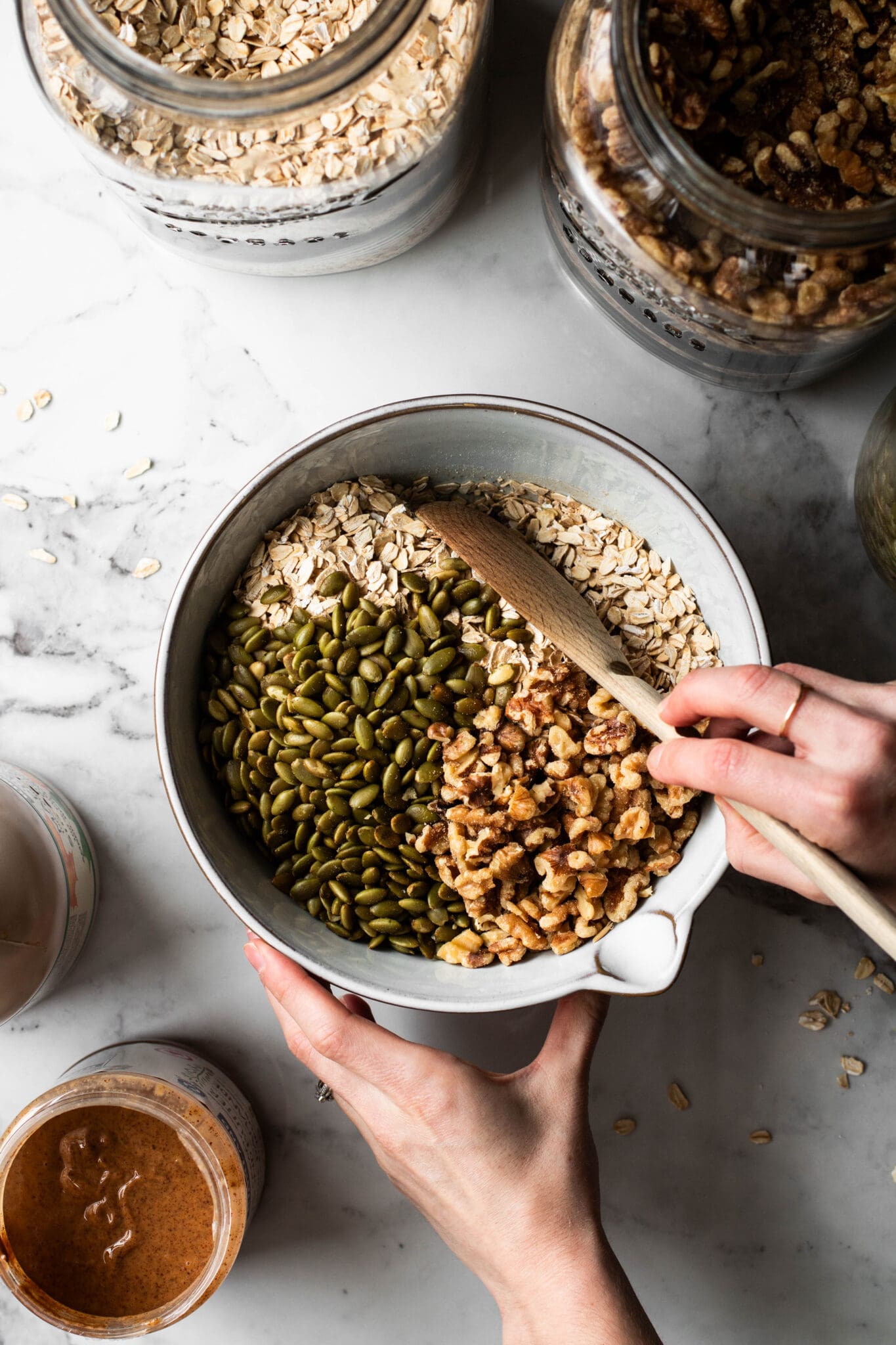 Granola ingredients mixed in a bowl